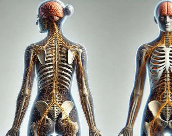 Detailed full-body illustration of a female nervous system for PTSD and trauma research. The image highlights the brain, spinal cord, and peripheral nerves with yellow accents, showcasing the physiological impact of trauma. Female-specific anatomy is visible, including the pelvis and ribcage, with no hair to emphasize head and neck details. Ideal for psychology and PTSD education on recovery and neuroscience.